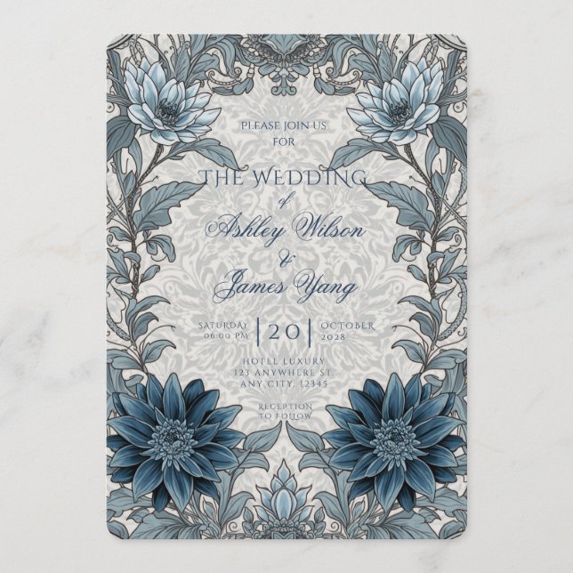Convite de Casamento Floral Botânico Azul Prata (Frente)