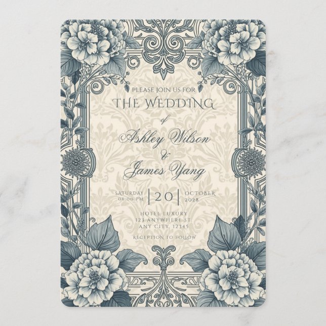 Convite de Casamento Floral Botânico Azul Prata (Frente)
