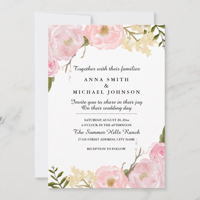 Convite de Casamento Floral Botânico Branco Rosado (Frente)
