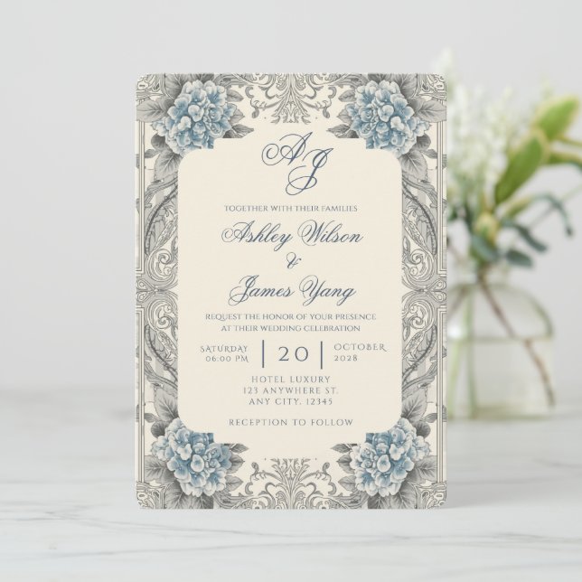 Convite de Casamento Floral Botânico de Hortênsia  (Em pé/Frente)