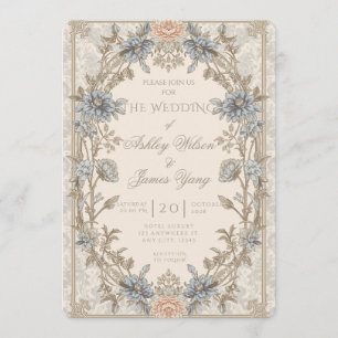 Convite de Casamento Floral Botânico Dourado Azul