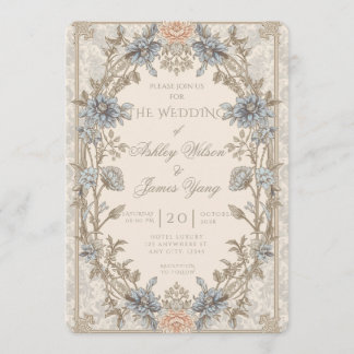 Convite de Casamento Floral Botânico Dourado Azul