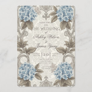 Convite de Casamento Floral Botânico Dourado Azul