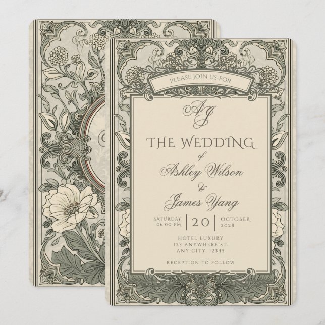 Convite de Casamento Floral Botânico Dourado Marro (Frente/Verso)