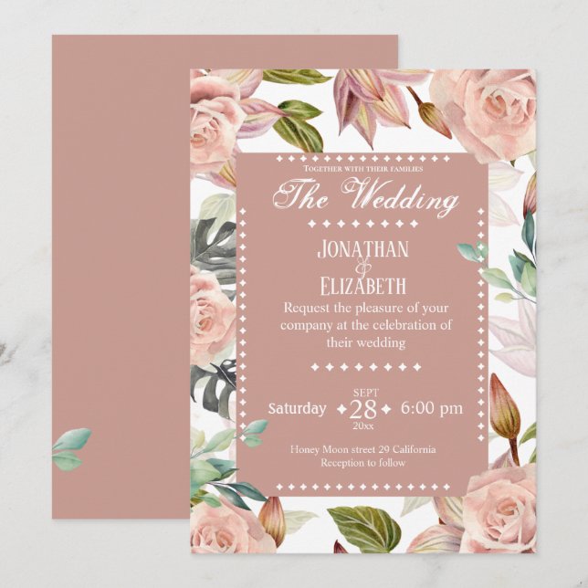 Convite de casamento floral botânico elegante rosa (Frente/Verso)