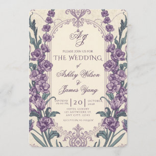 Convite de Casamento Floral Botânico Elegante Roxo