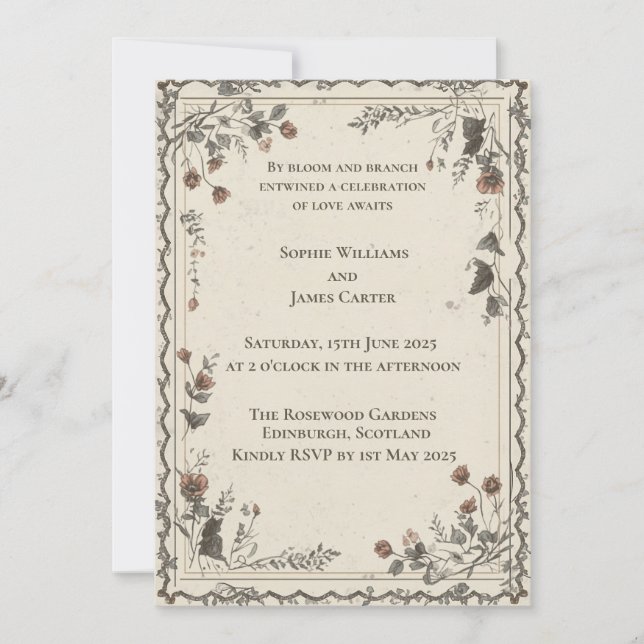 Convite de Casamento Floral Botânico Escocês Creme (Frente)