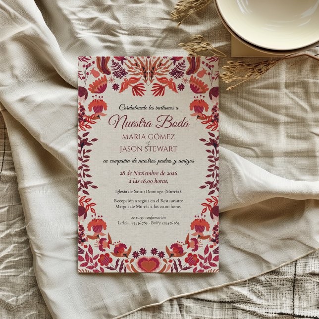 Convite de Casamento Floral Botânico Rosa Borgonha (Red Burgundy Rose Floral Botanical Spanish Wedding Invitation)