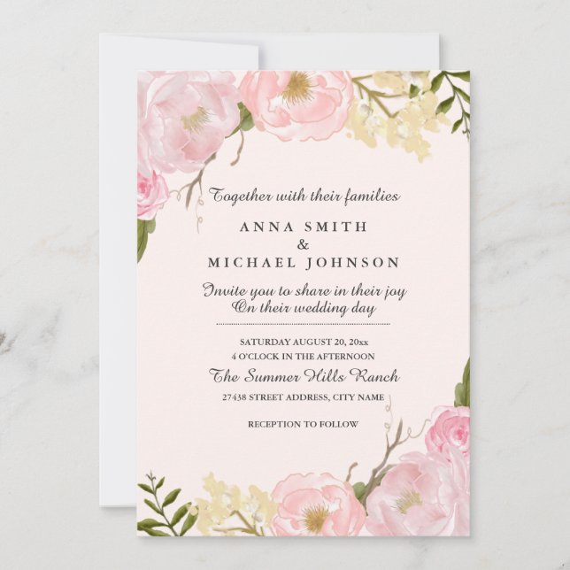 Convite de Casamento Floral Botânico Rosa Corado (Frente)