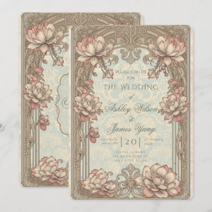 Convite de Casamento Floral Botânico Rosa Dourado