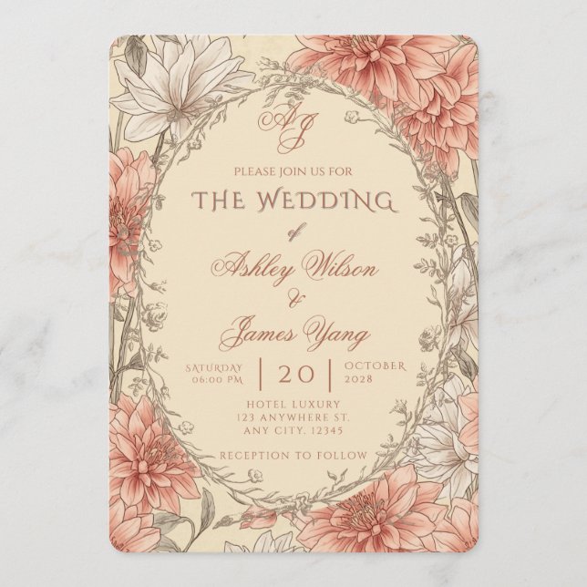 Convite de Casamento Floral Botânico Rosa Elegante (Frente)