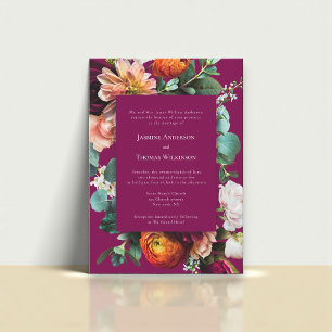 Convite de Casamento Floral Botânico Rosa Profundo