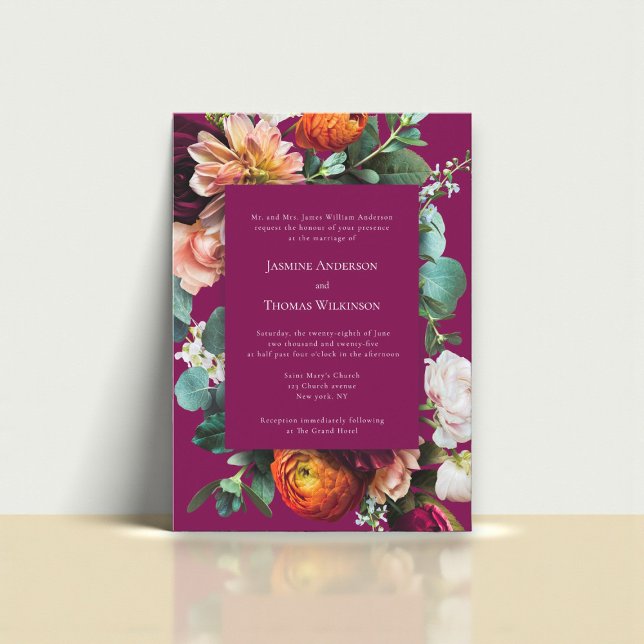 Convite de Casamento Floral Botânico Rosa Profundo (Criador carregado)