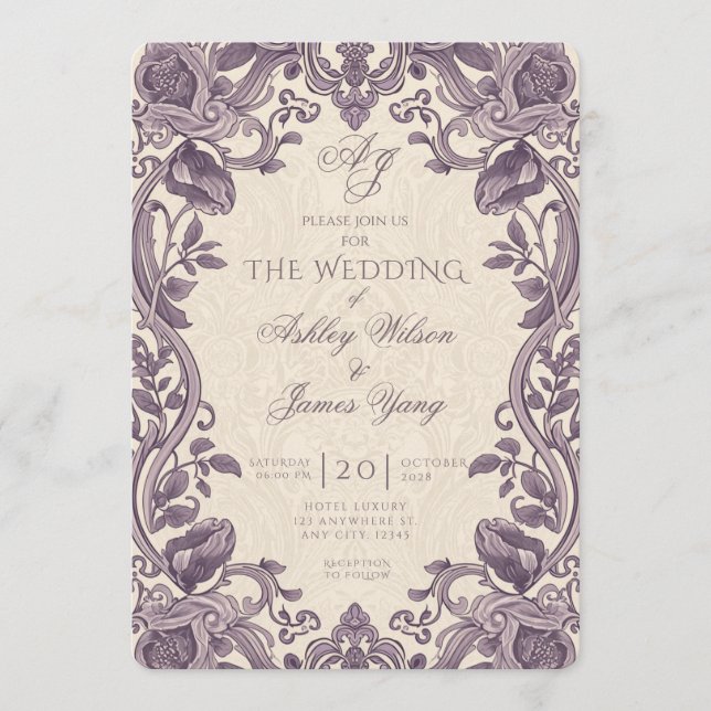 Convite de Casamento Floral Botânico Roxo Elegante (Frente)