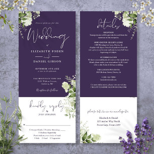 Convite de Casamento Floral Botânico Roxo Tudo em 