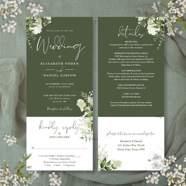 Convite de Casamento Floral Botânico Verde Oliva T (Olive Green Botanical Floral All In One Wedding Invitation)