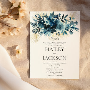Convite de casamento floral bouquet de ouro índigo