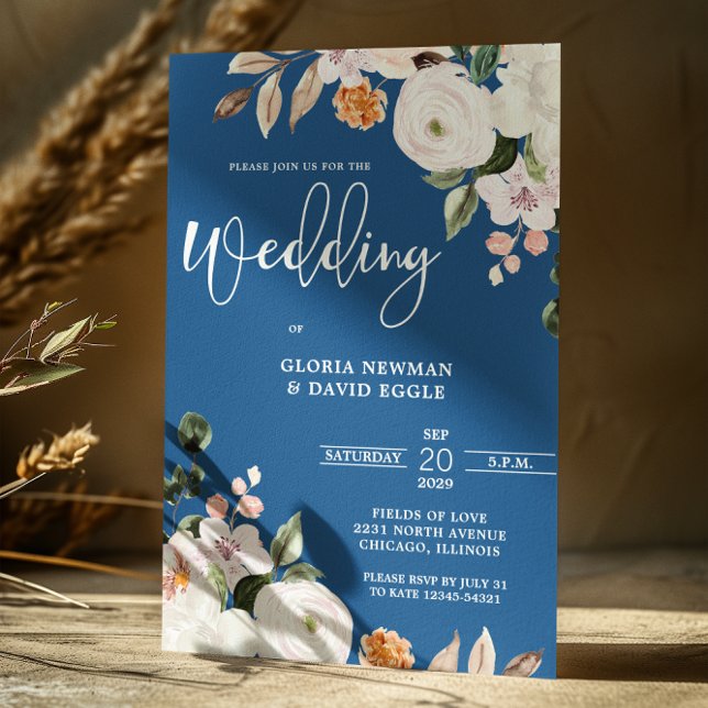 Convite de Casamento Floral Branco Azul Clássico (Criador carregado)