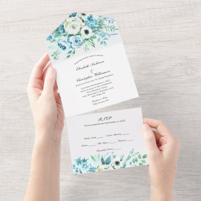 Convite de Casamento Floral Branco Azul Tudo Em Um (Aba destacável)