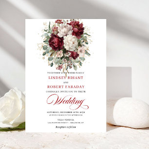 Convite de Casamento Floral Branco Borgonha Chic