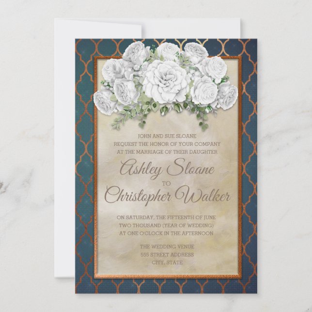 Convite de Casamento Floral Branco Cobre Azul Eleg (Frente)