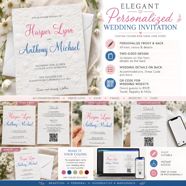 Convite de Casamento Floral Branco Cor Personaliza (Custom Color White Floral Wedding Invitation, all-in-one with details on the back.)