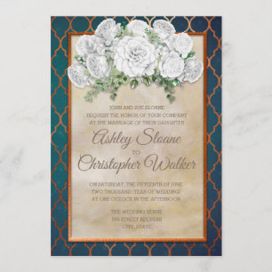 Convite de casamento Floral Branco de Cobre Teal E