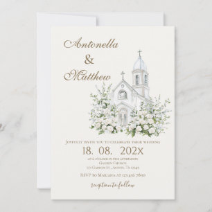 Convite de Casamento Floral Branco e Igreja