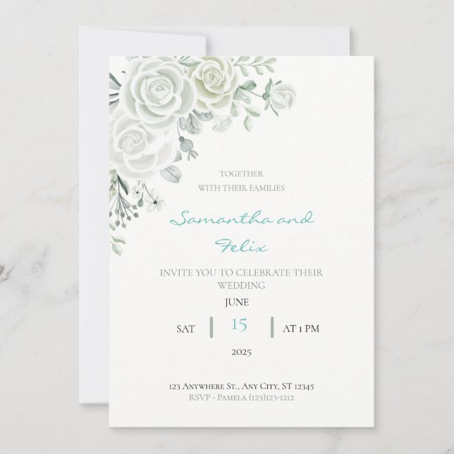 Convite de Casamento Floral Branco e Verde (Frente)