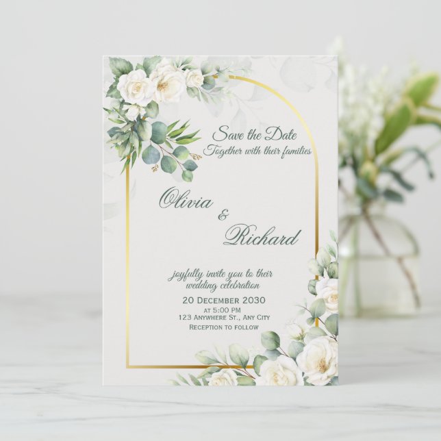 Convite de Casamento Floral Branco Elegante (Em pé/Frente)