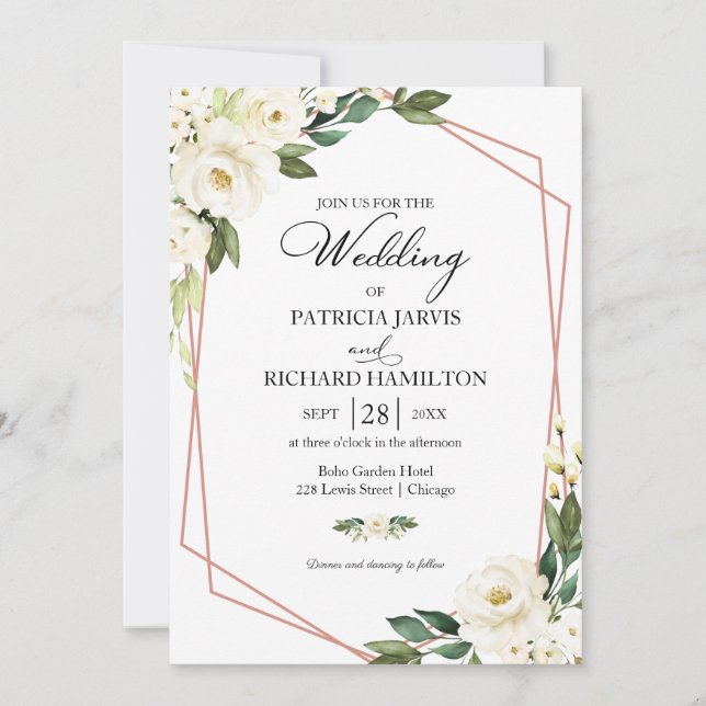 Convite de Casamento Floral Branco Geométrico Verd (Frente)