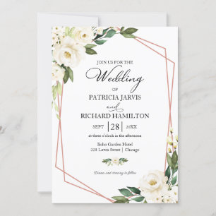Convite de Casamento Floral Branco Geométrico Verd
