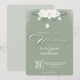 Convite de Casamento Floral Branco Verde Sage Eleg