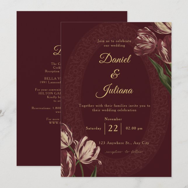 Convite de Casamento Floral Branco Vinho Tinto Bor (Frente/Verso)