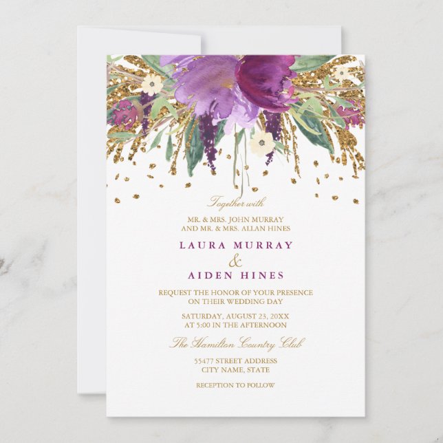 Convite de Casamento Floral Brilhante Amethyst (Frente)