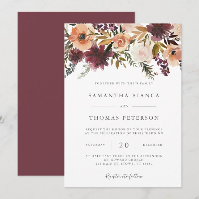 Convite De Casamento Floral Burgundy (Frente/Verso)