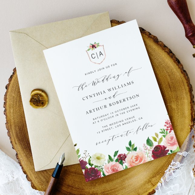 convite de casamento floral burgundy (Criador carregado)