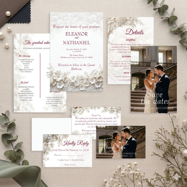 Convite de Casamento Floral Burgundy 3D Branco (Criador carregado)