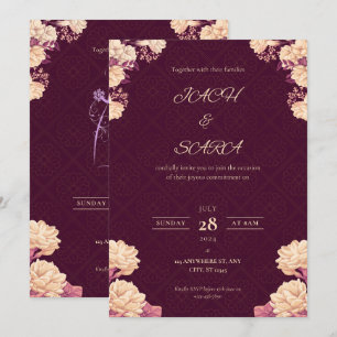 Convite de Casamento Floral Burgundy & Dourado Ele