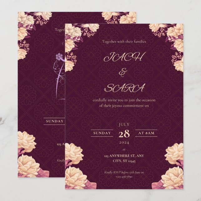 Convite de Casamento Floral Burgundy & Dourado Ele (Frente/Verso)