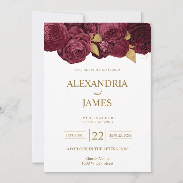 Convite de Casamento Floral Burgundy e Dourado (Frente)