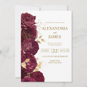 Convite de Casamento Floral Burgundy e Dourado