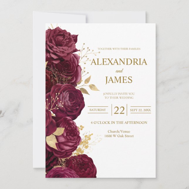 Convite de Casamento Floral Burgundy e Dourado (Frente)
