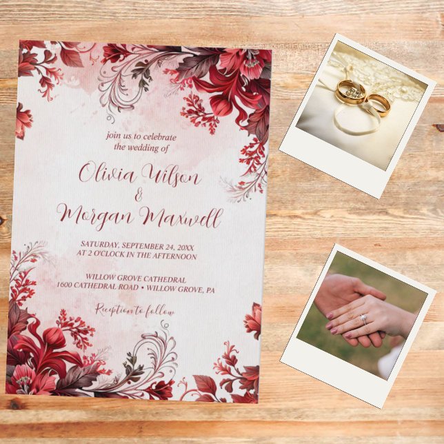 Convite de Casamento Floral Burgundy Elegante (Criador carregado)
