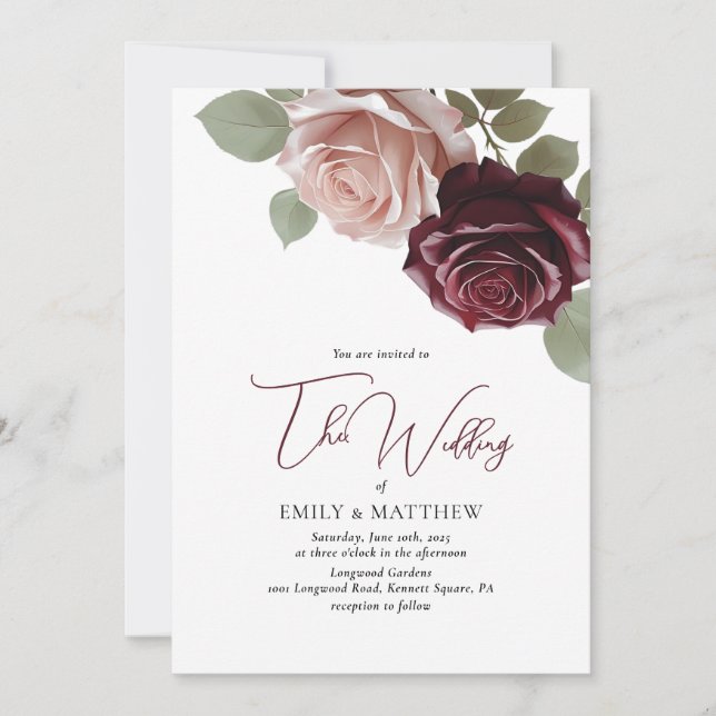 Convite de Casamento Floral Burgundy Elegante (Frente)