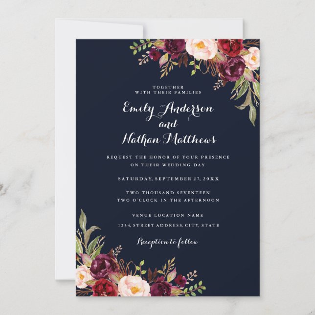 Convite de Casamento Floral Burgundy Navy (Frente)