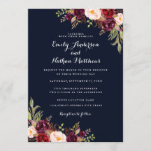 Convite de Casamento Floral Burgundy Navy