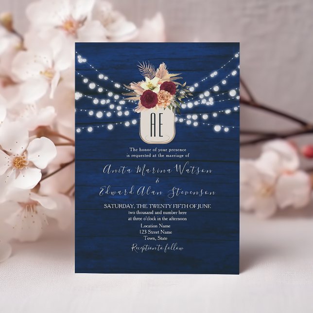 Convite de Casamento Floral Burgundy Navy Rústico (Criador carregado)