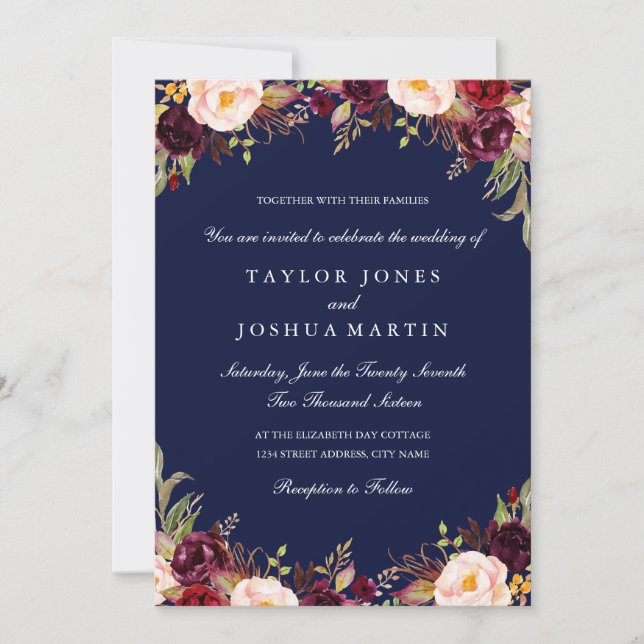 Convite de Casamento Floral Burgundy Rústico (Frente)