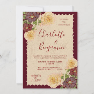 Convite de Casamento Floral Burgundy Vintage Elega